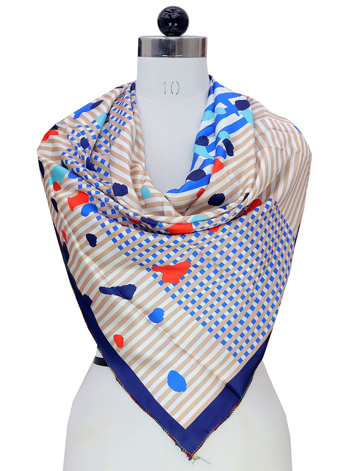 leeza store Women's Silk Scarf For Women, Blue & Beige Abstract Geometric & Stripe Mix Digital Print, 40 X 40, Elegant Lightweight Fashion Stole