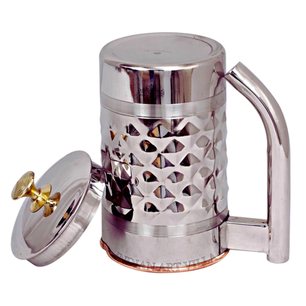 Indian Art Villa Diamond Hammered Steel Copper Jug Pitcher with Brass Knob, Serveware, 2000 ML