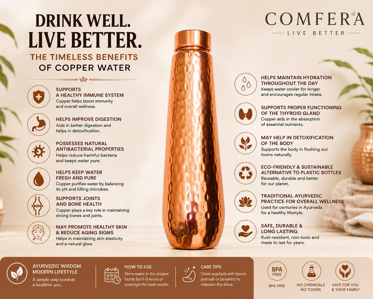 COMFERA Pure Copper Bottle, 32oz/950ml water bottle for drinking, Leakproof hammered designed bottles for Home, Gym, School & Travel, Durable, Rustproof & Handmade Bottle, Ayurvedic Cups