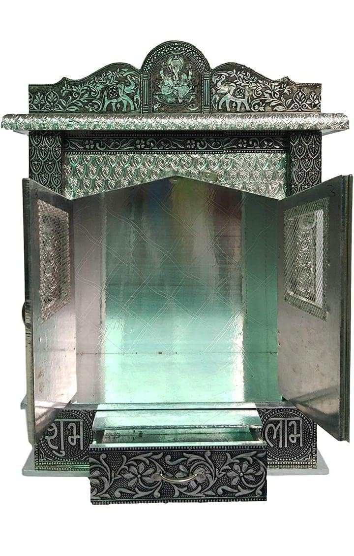Suhanika Crafters Wooden Pooja Mandir for Home Medium Sagwan Wood Temple with Copper and Aluminum Accents Handcrafted Dev Ghar Mantapa for Home Office Prayer Room Traditional Decor Gift