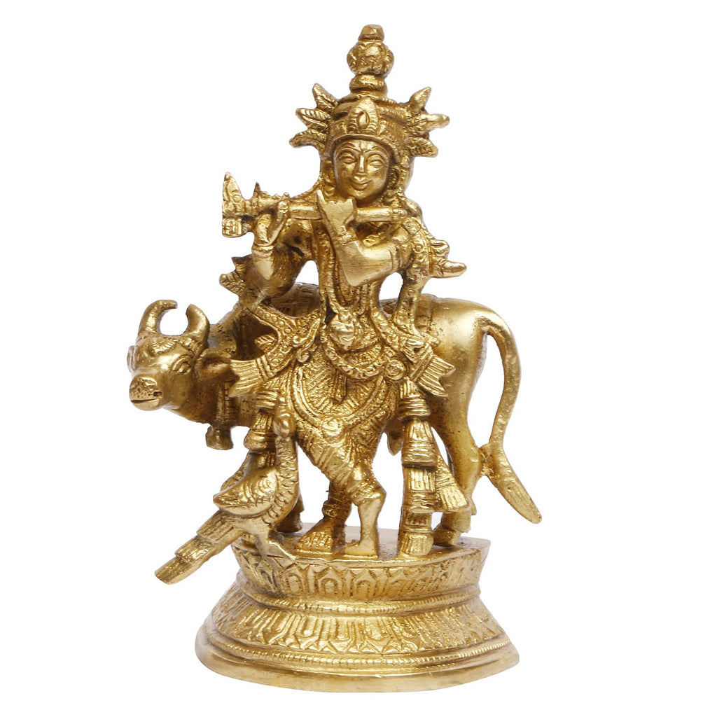 ARTVARKO™ Brass Krishna with Cow Murti Idol in Flute Playing Posture on Beautiful Pedestal Home Decor Entrance Statue Office Table 5.5 Inch.