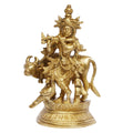 ARTVARKO™ Brass Krishna with Cow Murti Idol in Flute Playing Posture on Beautiful Pedestal Home Decor Entrance Statue Office Table 5.5 Inch.