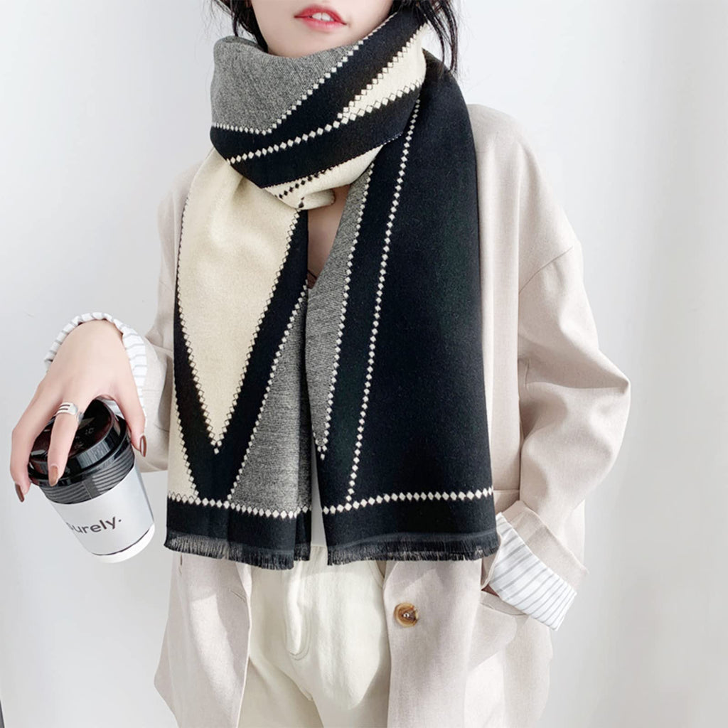 LumiSyne Winter Scarf Cashmere Shawl For Women Men Geometric Pattern Fashion Pashmina Scarves With Tassel Long Couple Style Scarf Cashmere Soft Warm Scarves Stole, Black/Beige, Talla única
