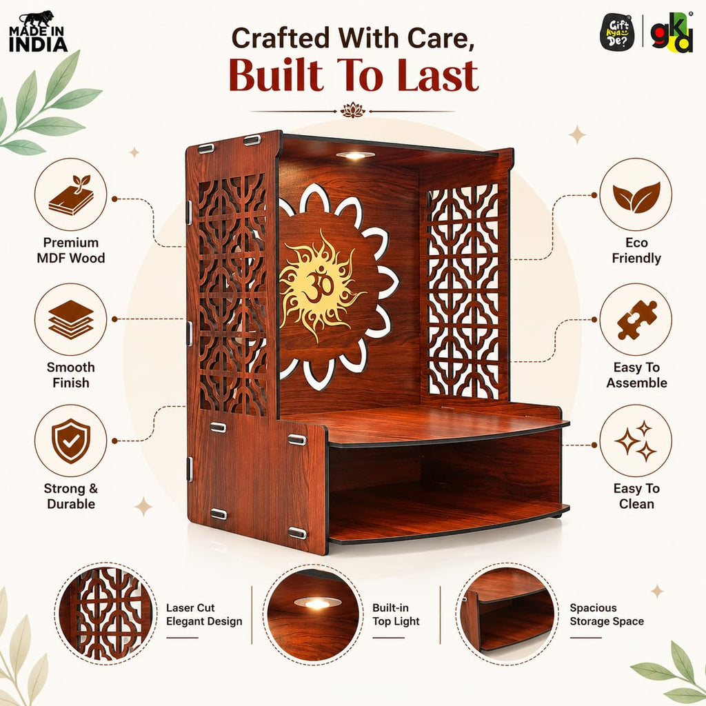 Gift Kya De Wooden Temple for Home | Pooja Mandir with LED Light, Drawer & Shelves | Wall Mounted or Tabletop Mandir with OM Logo (DIY - H-15 x L-12 x W-10.5 Inch)