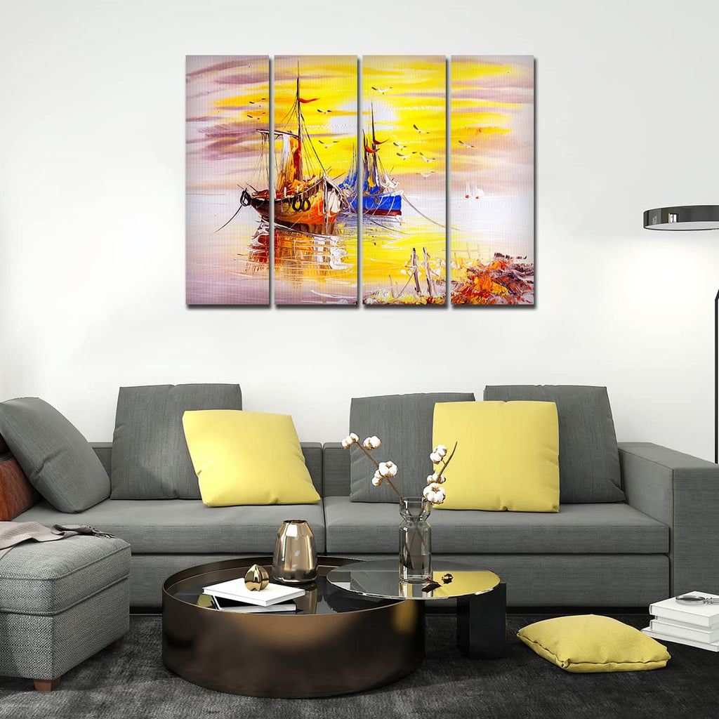 VIBECRAFTS Colorful Boats 4 Pieces Canvas Wall Painting Fitted With Wooden Frame For Home | Office | Living Room | Gifts (PTVC4Pcs1_13501)
