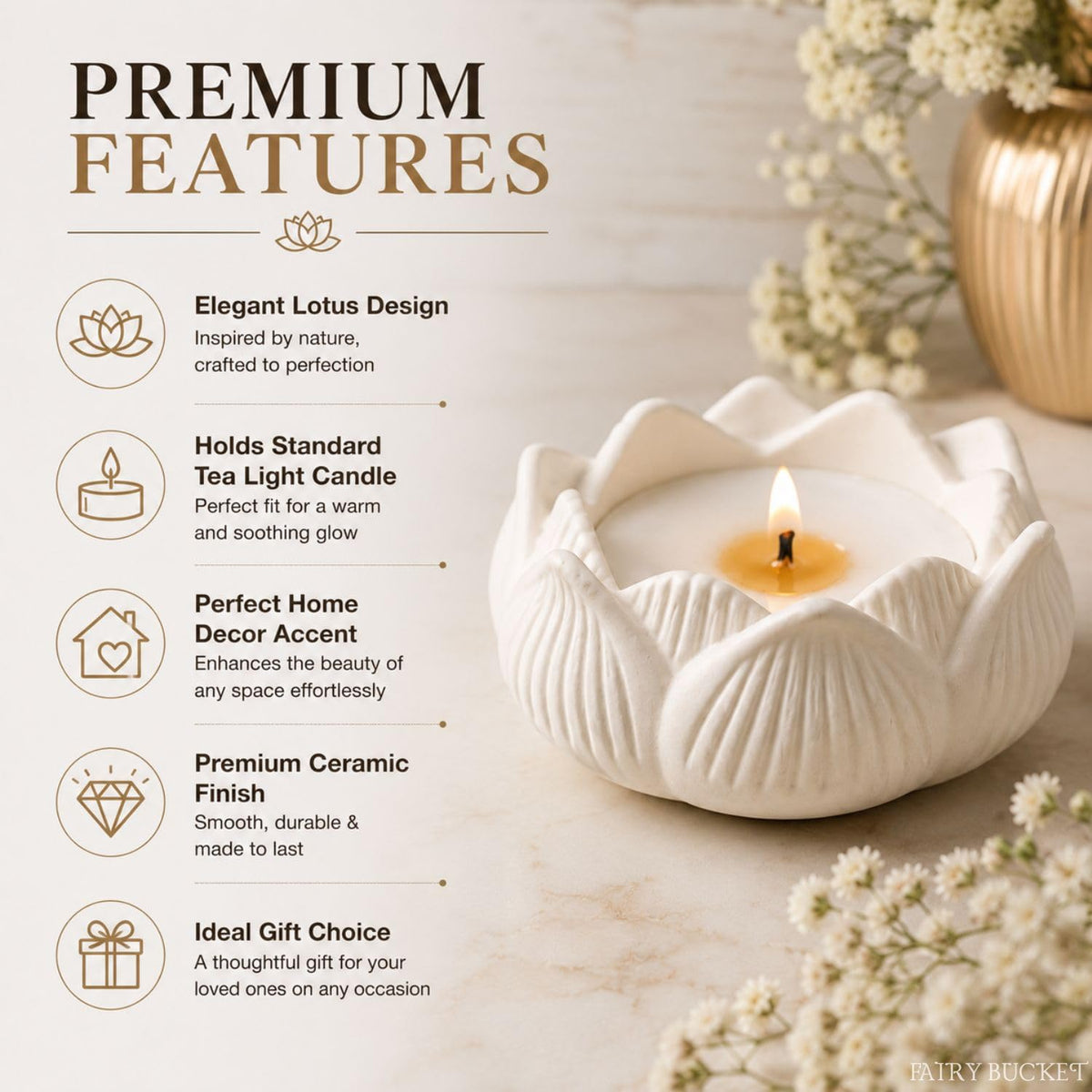 FairyBucket™ Lotus Scented Candle with Reusable Concrete Tea Light Holder | Vanilla Fragrance Soy Wax Candle | Handcrafted White Lotus Candles for Home Decor, Bedroom, Living Room & Gifting