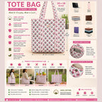 PShomes Large Cotton Tote Bag 18x18 Inches – 100% Cotton Shoulder Bag with Inner Pocket | Reusable Eco-Friendly Carry Bag for Laptop, Shopping, Travel & Daily Use (White-ROSES)