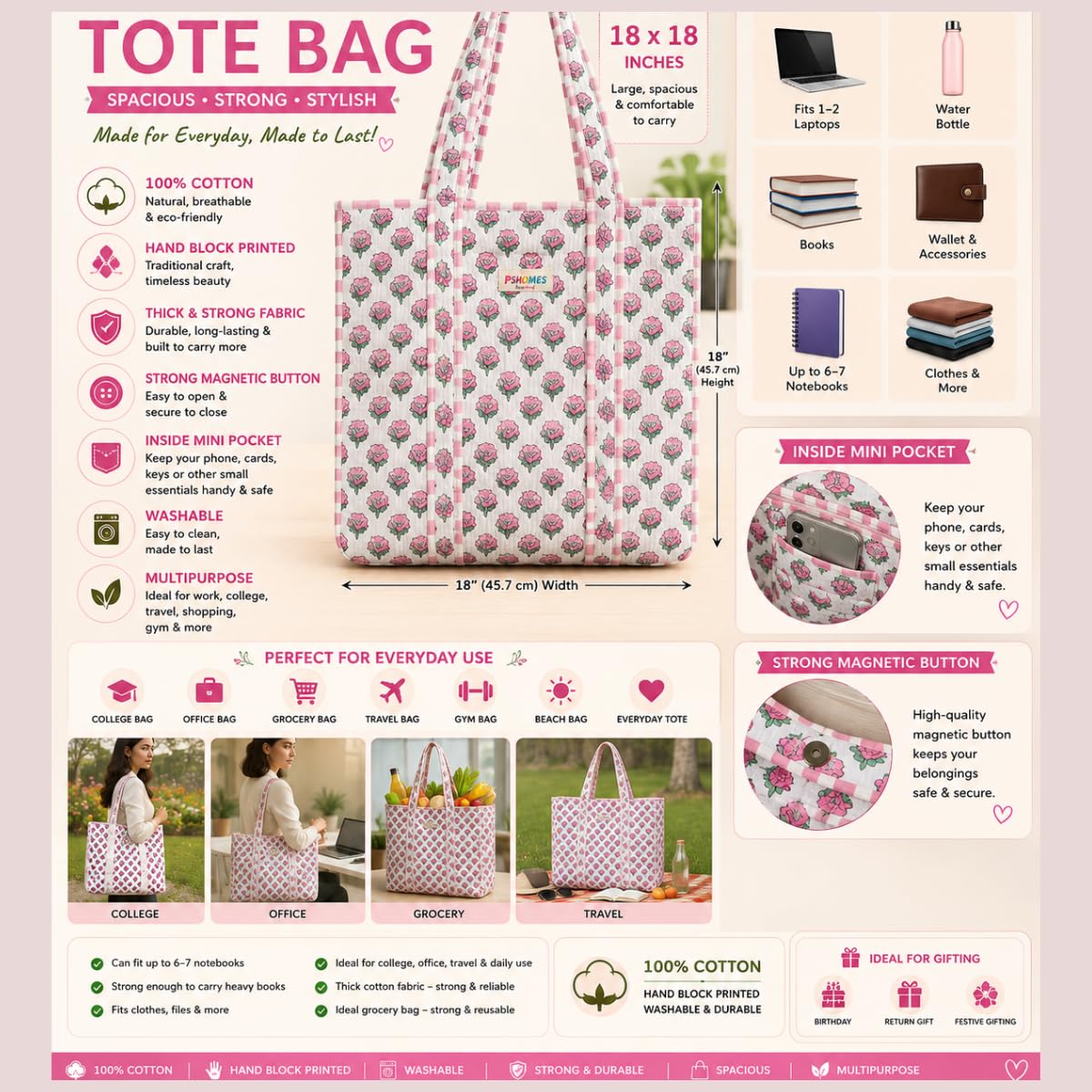 PShomes Large Cotton Tote Bag 18x18 Inches – 100% Cotton Shoulder Bag with Inner Pocket | Reusable Eco-Friendly Carry Bag for Laptop, Shopping, Travel & Daily Use (White-ROSES)