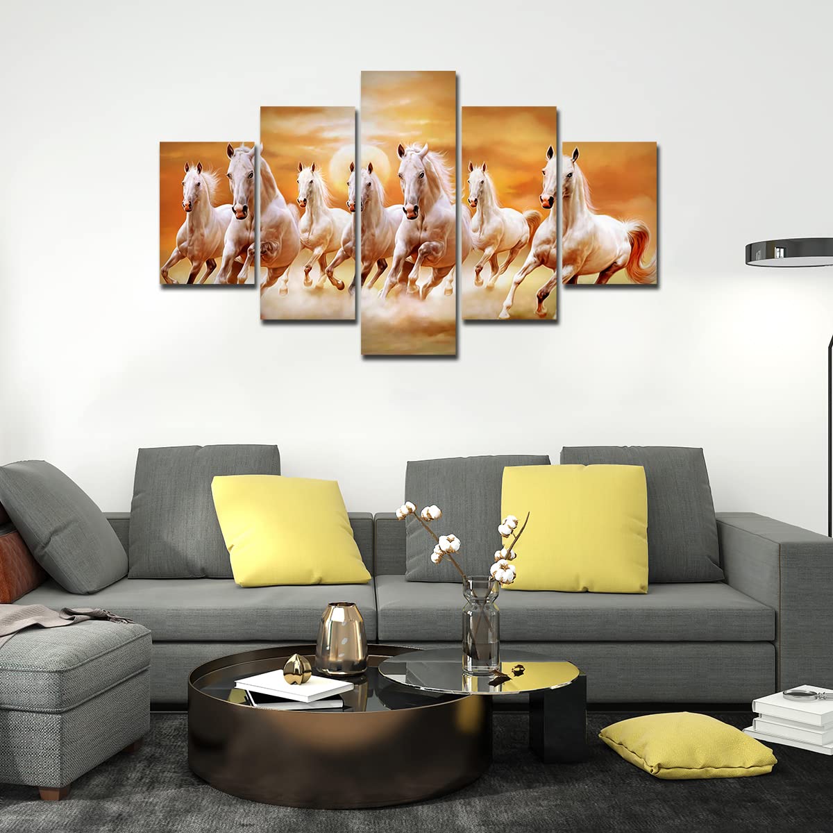 VIBECRAFTS Seven White Running Horses 5 Pieces Premium Wall Painting For Home|Office|Living Room|Gift (PTVC5Pcs1_5507)
