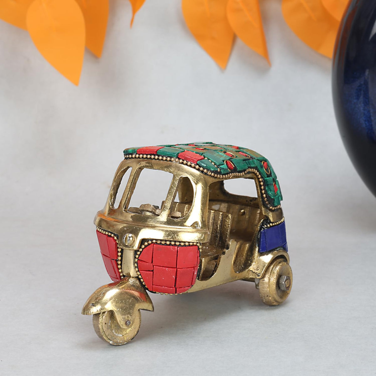 SVARUP Brass Work Vintage Style Brass Auto Rickshaw Miniature, Decor Showpiece (12.5x6.5x8 cm, Multicolored)