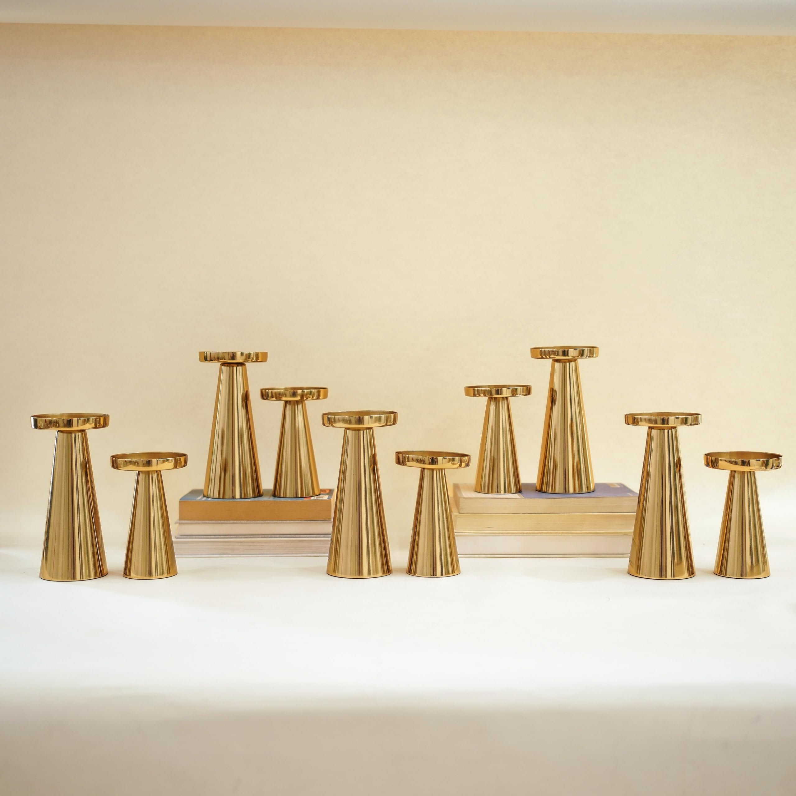 Behoma Handcrafted Gold Metal Pillar Candle Holders Pack of 5 Sets