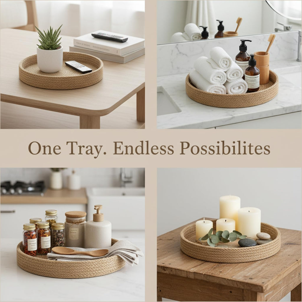 BOBBINY Decorative Round Rope Tray for Decor - Rope Tray for Kitchen Dining Room Table - The Perfect Small Candle Serving Tray for Coffee Table and Home Decor (Brown, 10x10 Inch (Pack of 1))