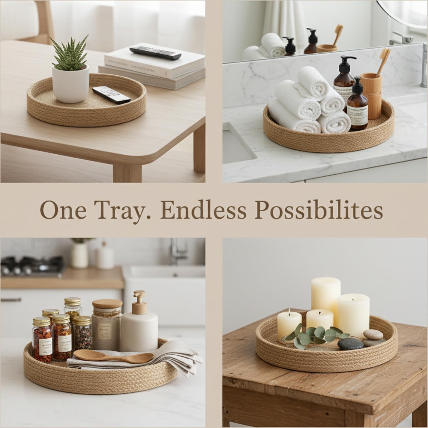 BOBBINY Decorative Round Rope Tray for Decor - Rope Tray for Kitchen Dining Room Table - The Perfect Small Candle Serving Tray for Coffee Table and Home Decor (Brown, 10x10 Inch (Pack of 1))