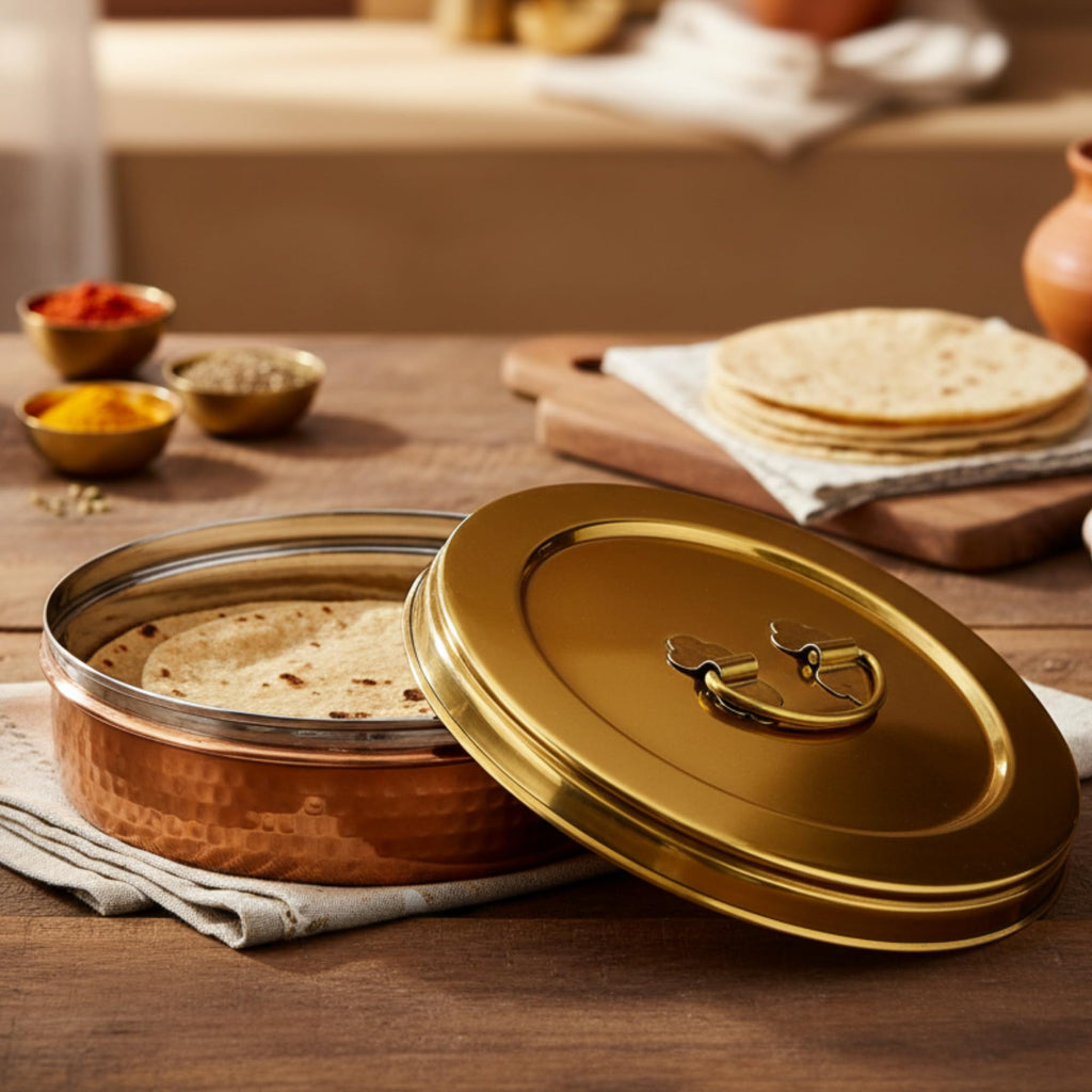 Elan Dabbahs and Days Stainless Steel Casserole for Roti, Papad, Chapati | 8.5 Inch Box for Kitchen | Chapati Box | Hot Pot Roti Box for Fresh & Warm Rotis (Copper and Antique Gold Finish)