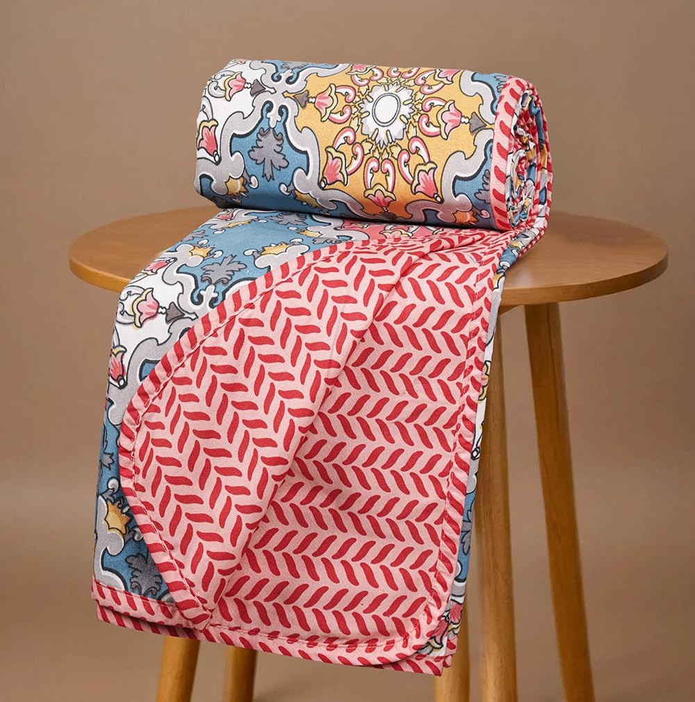 BSB HOME Pure Cotton 120 GSM Reversible Soft Lightweight Printed Single Bed Blanket/AC Dohar/Skin Friendly Dohar-152 x 225 cm - Pink and Blue Kafalo