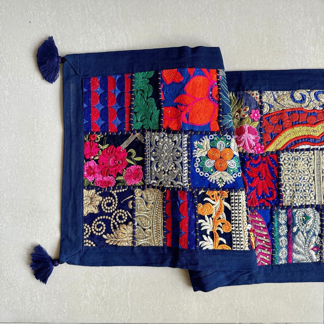 ATRANGI STUDIO Patchwork Table Runner | Traditional Rajasthani Khambadiya Craft | Handmade Dining Table Runner for Home Decor | Colourful Dining Setup | 16x72 Inch, Blue