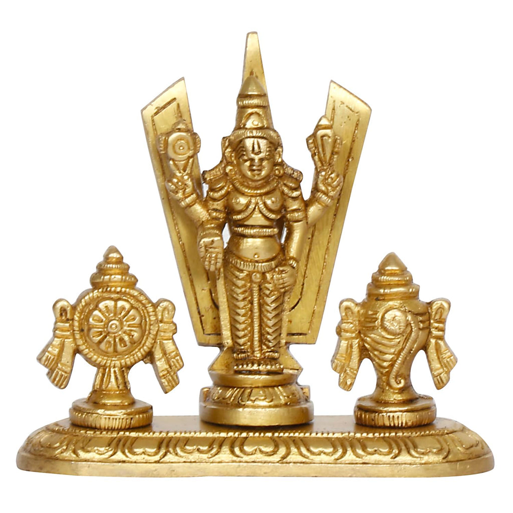 ARTVARKO Brass Tirupati Balaji Statue with Shanku Chakra Sri Venkateshwara Idol Venkateshwar Figurine for Home Office Gold Color 4 Inch.