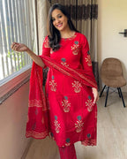 Veqreqmeq Women's Cotton Kurta Set with Dupatta | Red Printed Straight Kurta and Pant Suit for Casual