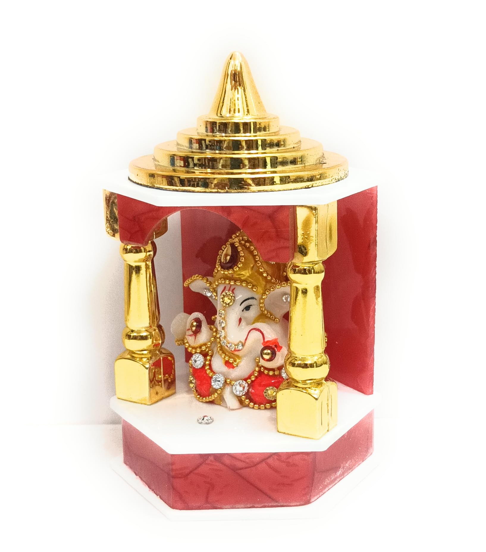 Decorative Lord Ganesha Temple Shrine with Gold-Coloured Pillars and Dome, Red and White, Marble Look