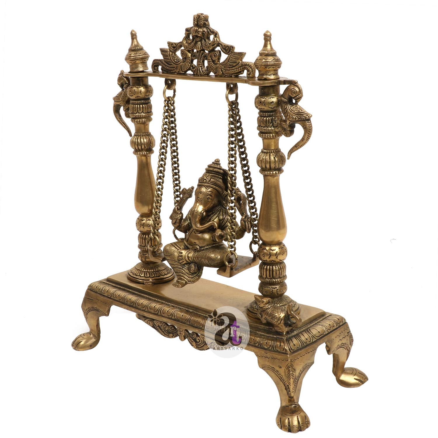 ARTVARKO 13 Inch Large Brass Designer Jhoola Murti Ganesha Virajman Statue Pooja and Home Warming Decor Office for Wedding Gift Vastu Remedy Success Ganesh Chaturthi