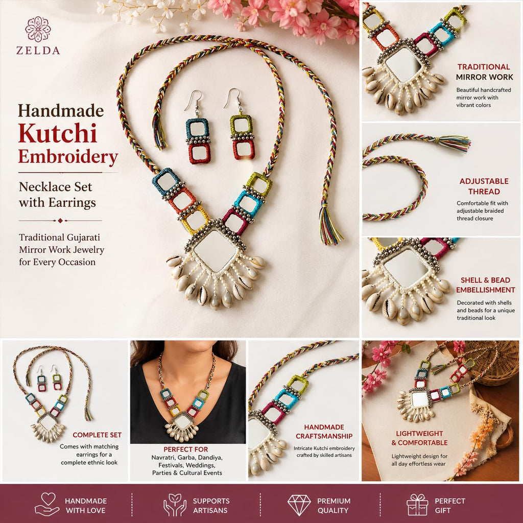 BUNDLEPRO Handmade Kutchi Embroidery Necklace Set with Earrings, Traditional Gujarati Mirror Work, Shell & Bead Embellishment, Boho Tribal Style
