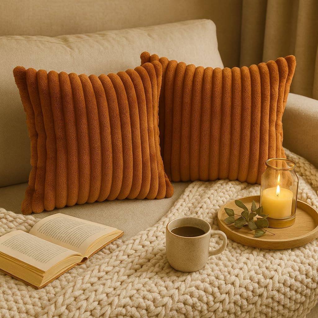 AWARD VELVETS Premium Faux Rabbit Fur Plush Luxury Soft Fluffy Striped Decorative Throw Pillow/Cushion Covers for Sofa, Couch, Living Room - (Rust, 16 x 16 inch) Set of 1