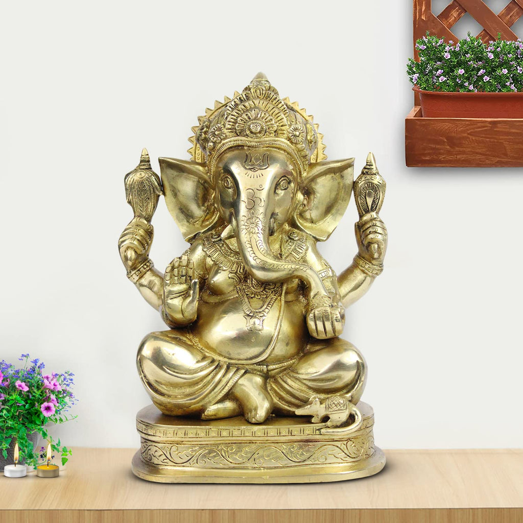 ARTVARKO Brass Lord Ganesha Murti in Blessing Posture Sitting with Modak Big Ganesh Bhagwan Idol Ganpati Metal Statue (Gold 11 Inch 6.6 Kg)