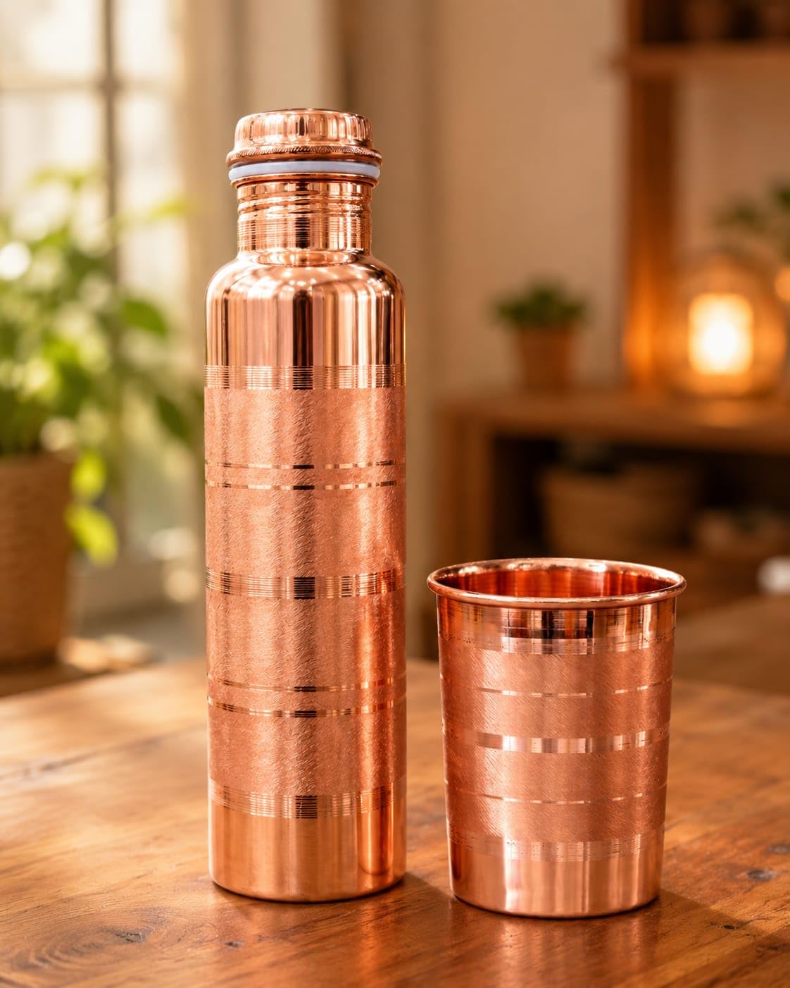 Pure Copper Water Bottle 1000ml with Copper Glass Combo Set