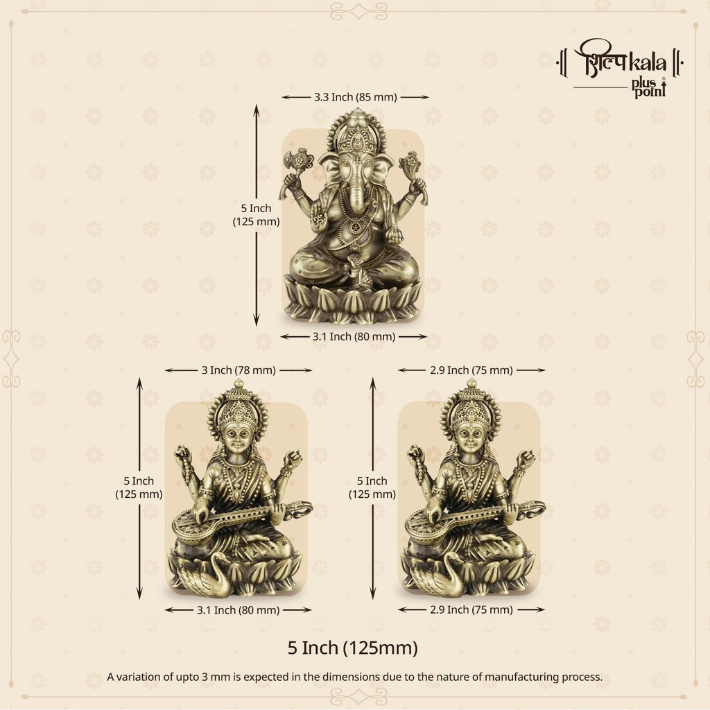 Shilpkala 5 Inch Ganesh, Laxmi & Saraswati Ji Brass Idol (Statue, Murti) for Table, Home & Office Decor, Worship & Gift