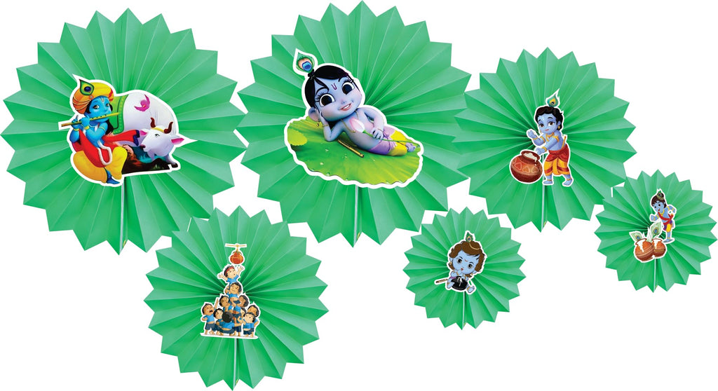 Bhakti Festive Creations Janmashtami Decoration Set of 12 Pcs Hanging Paper Fan with Krishna Sticker Cutouts, Multicolour Art Deco Paper Fans for Home, Event, or Meditation Spaces