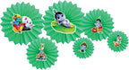 Bhakti Festive Creations Janmashtami Decoration Set of 12 Pcs Hanging Paper Fan with Krishna Sticker Cutouts, Multicolour Art Deco Paper Fans for Home, Event, or Meditation Spaces