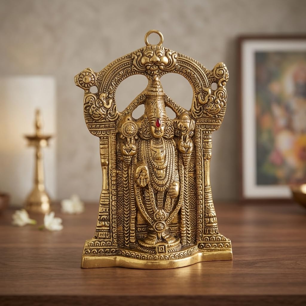 KridayKraft Tirupati Balaji Idol, Decorative Aluminium Gold Finish Lord Venkateswara Statue for Office, Home Temple, 24 x 17 cm