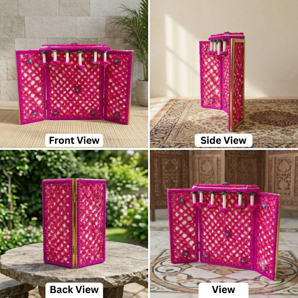 Pink Phool Bangla Decoration Solid Wood Home Temple for Laddu Gopal & Ganesh Ji 30x42 cm Decorative Mandir Backdrop