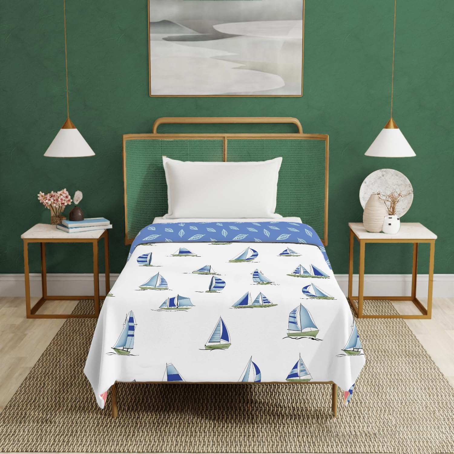 Urban Space 100% Cotton Malmal Single Bed Dohar, All Season Reversible Blanket, Soft, Lightweight and Breathable Ac Dohar/Quilt/Blanket/for Bed, Couch Sofa AC Blanket (58 x 95 inch, Ocean Boats Blue) Kafalo