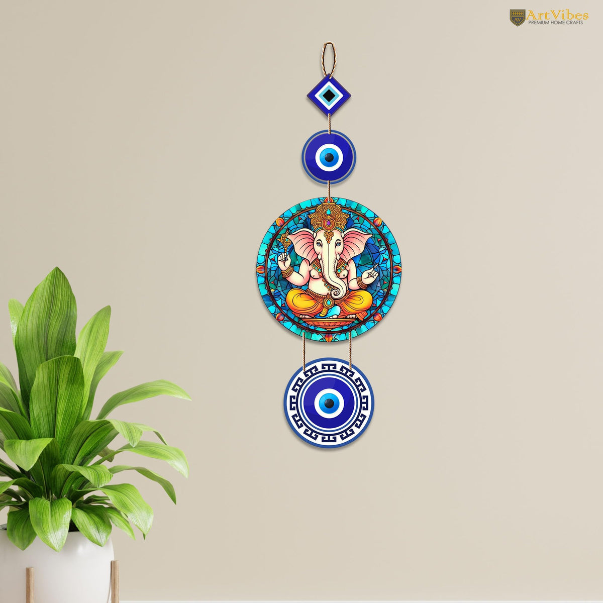 Artvibes Shri Ganesha with Evil Eye Wooden Wall Hanging For Luck Properity For Home Decoration | Livingroom | Spiritual Decor Items | Wall Illustrations | Ethnic Wall Decor | Wall Art Print (WH_8510N)