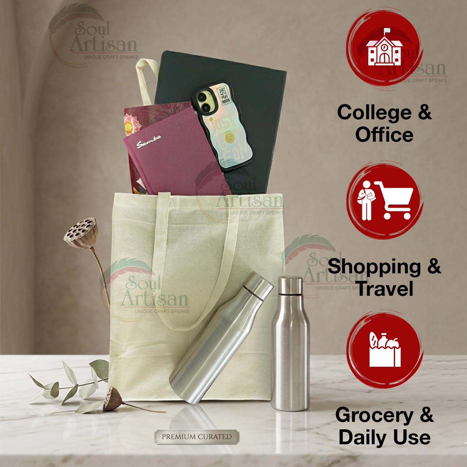 Soul Artisan Cotton Canvas Tote Bag with Bottom Gusset and Strong Handle (Size: 15X18 Inch, 13 Inch Handle) - Pack of 2 - Foldable Reusable Shopping Hand Bag for Office, College, Travel & Daily Use