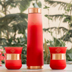 INDIAN ART VILLA Copper Bottle & Glass Gift Set - 800 ml Water Bottle & 2 Glasses (300 ml Each) - Red Pyramid Ombre Silk Finish, Perfect for Gifting & Everyday Use