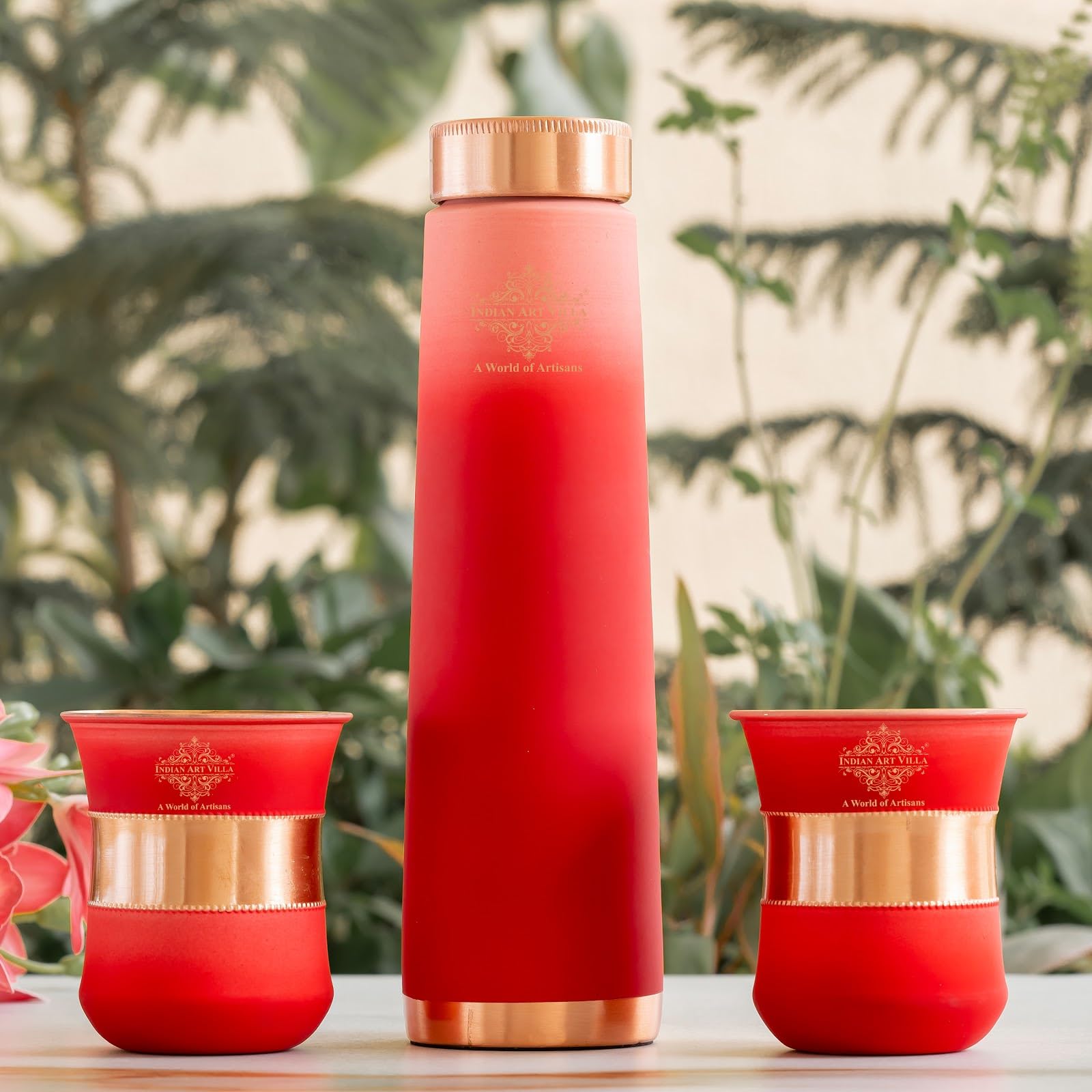 INDIAN ART VILLA Copper Bottle & Glass Gift Set - 800 ml Water Bottle & 2 Glasses (300 ml Each) - Red Pyramid Ombre Silk Finish, Perfect for Gifting & Everyday Use