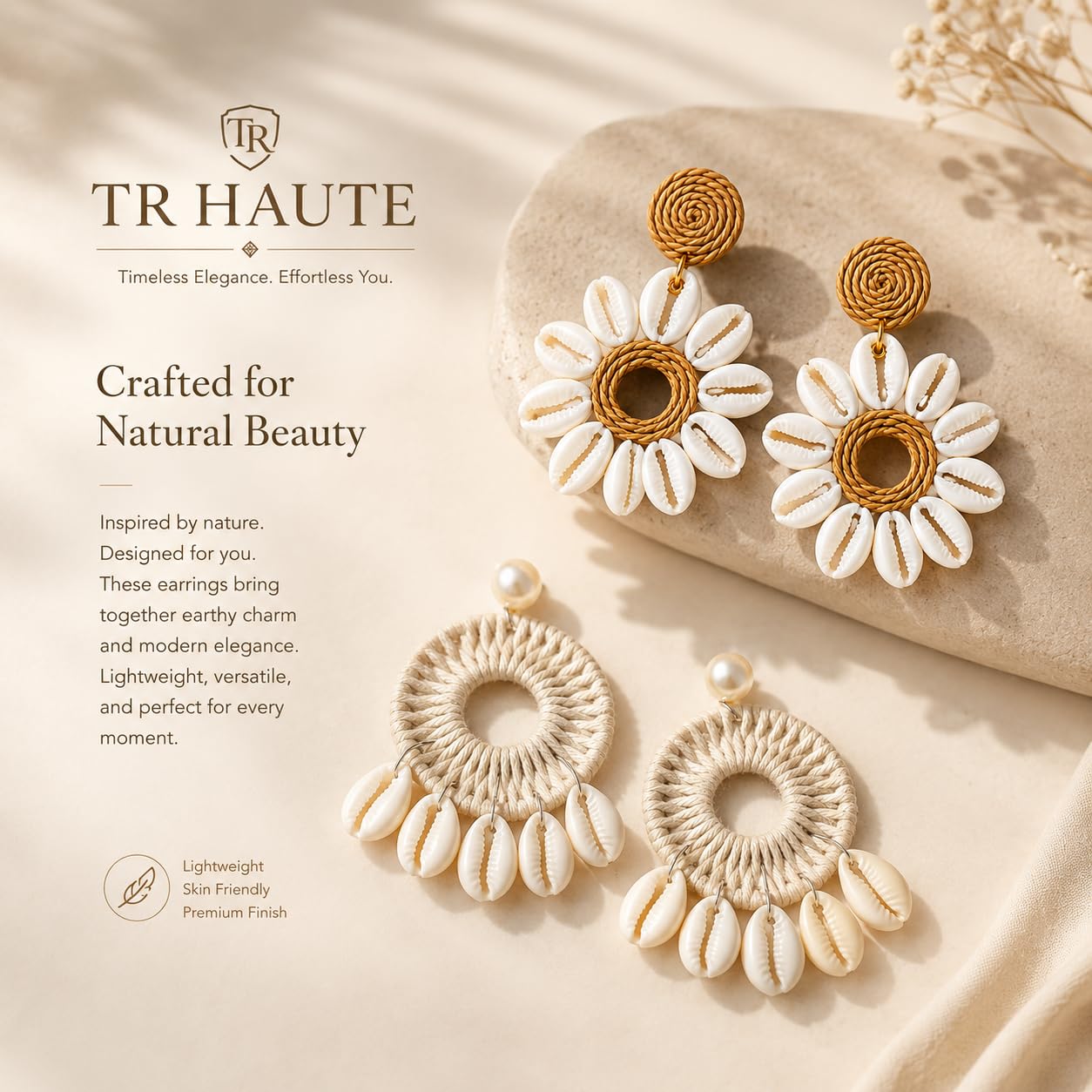 TR HAUTE Fashion Jewellery Bohemian Seashell Earrings Set of 2 for women and girl ,Handcrafted boho Macrame and Cowrie Flower Design, combo of 2 earring set for women and girl. trending earringes. pack of 2