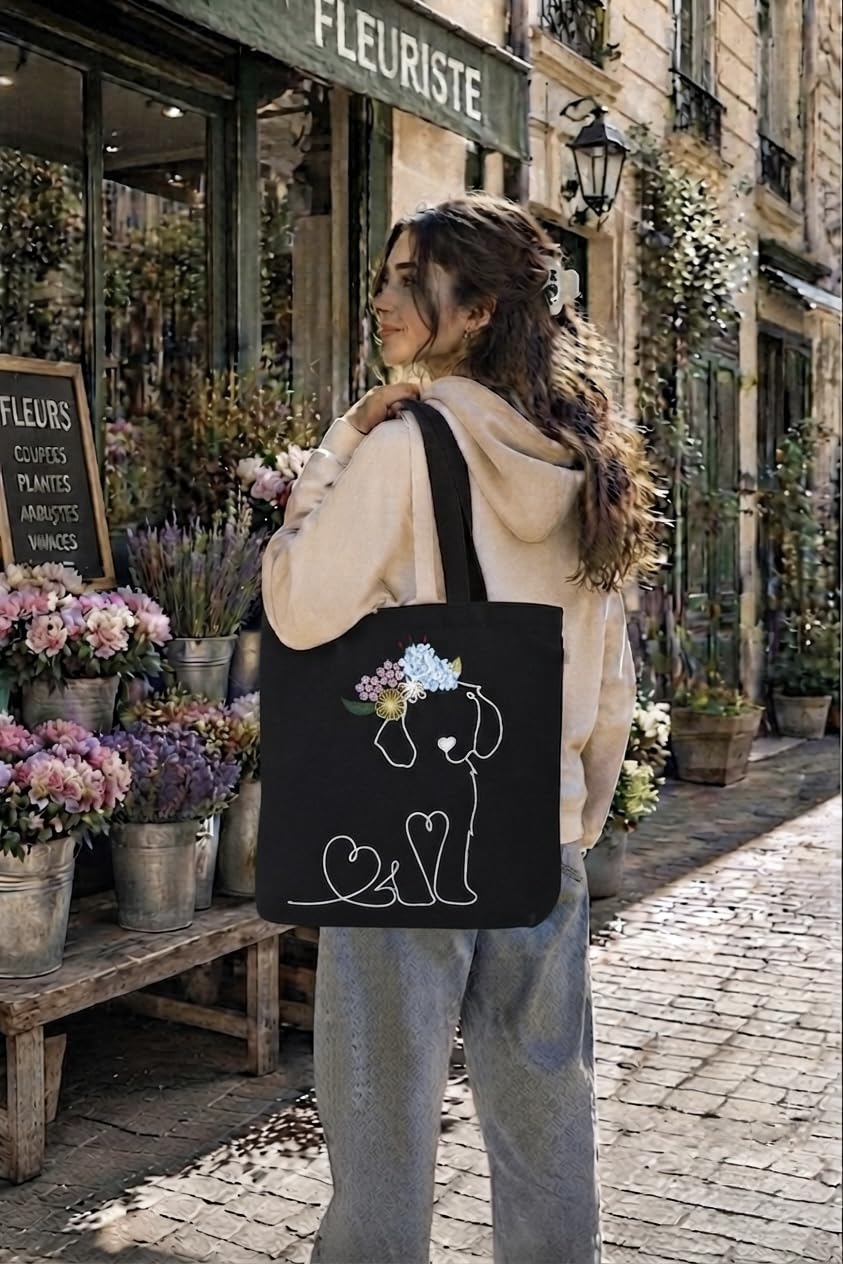 MASQ Premium ToteBag for Women with Zipper | Embroidered Foldable Shoulder Bag with Multiple Pockets | Spacious Handbag for College & Office | Eco-Friendly & Reusable (AP_TB_Tiaraa_Dog_01)