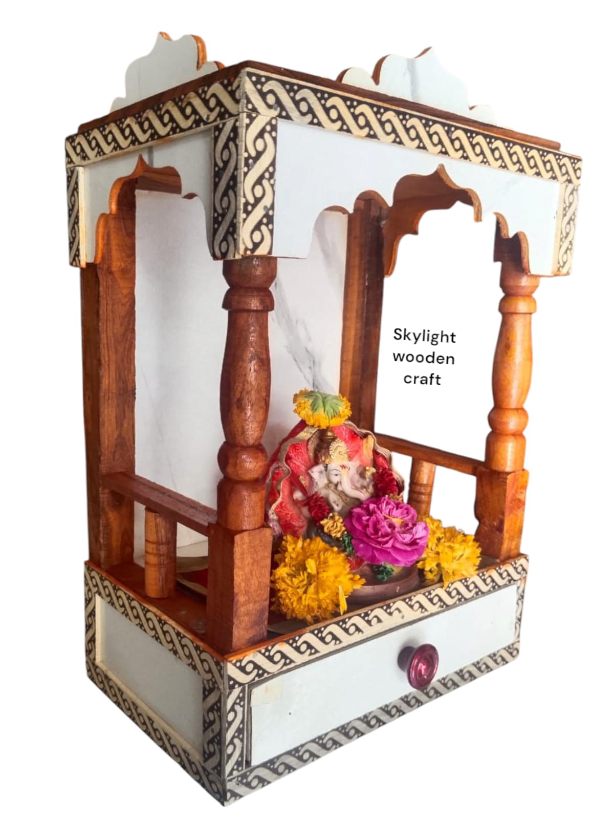 Wooden Craft Handcrafted Home Mandir with Marble-Finish Back Panel - Traditional Teak & White Puja Temple for Wall or Tabletop (Size 40x30x20cm)