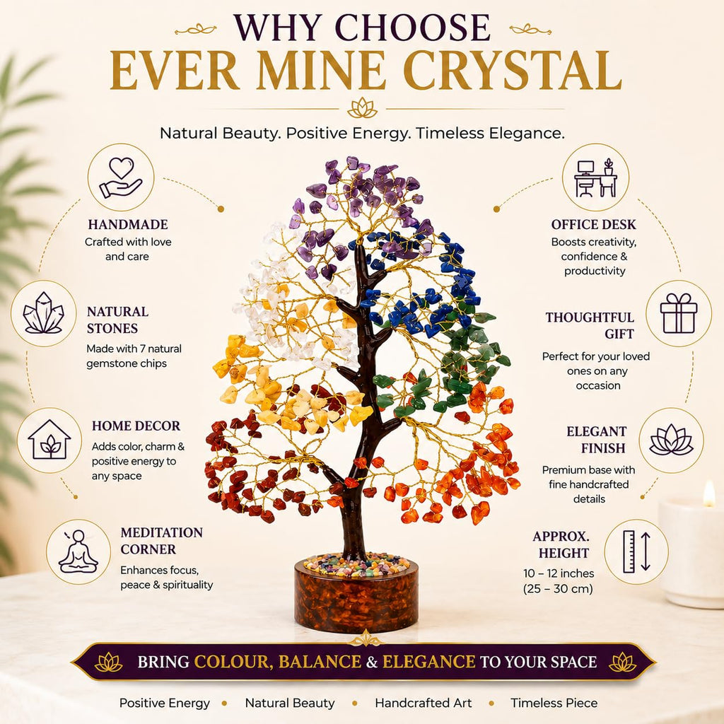 EverMineCrystal 300 Beads, 7 Chakra Crystal Tree, Showpiece Good Luck and Positive Energy, Showpiece for Living Room, Natural Healing Gemstones Money/Lucky Tree for Good Luck, Multicolor