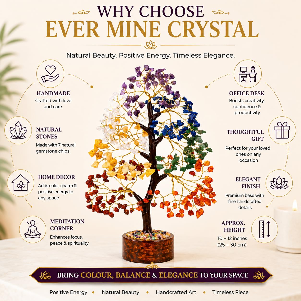 EverMineCrystal 300 Beads, 7 Chakra Crystal Tree, Showpiece Good Luck and Positive Energy, Showpiece for Living Room, Natural Healing Gemstones Money/Lucky Tree for Good Luck, Multicolor