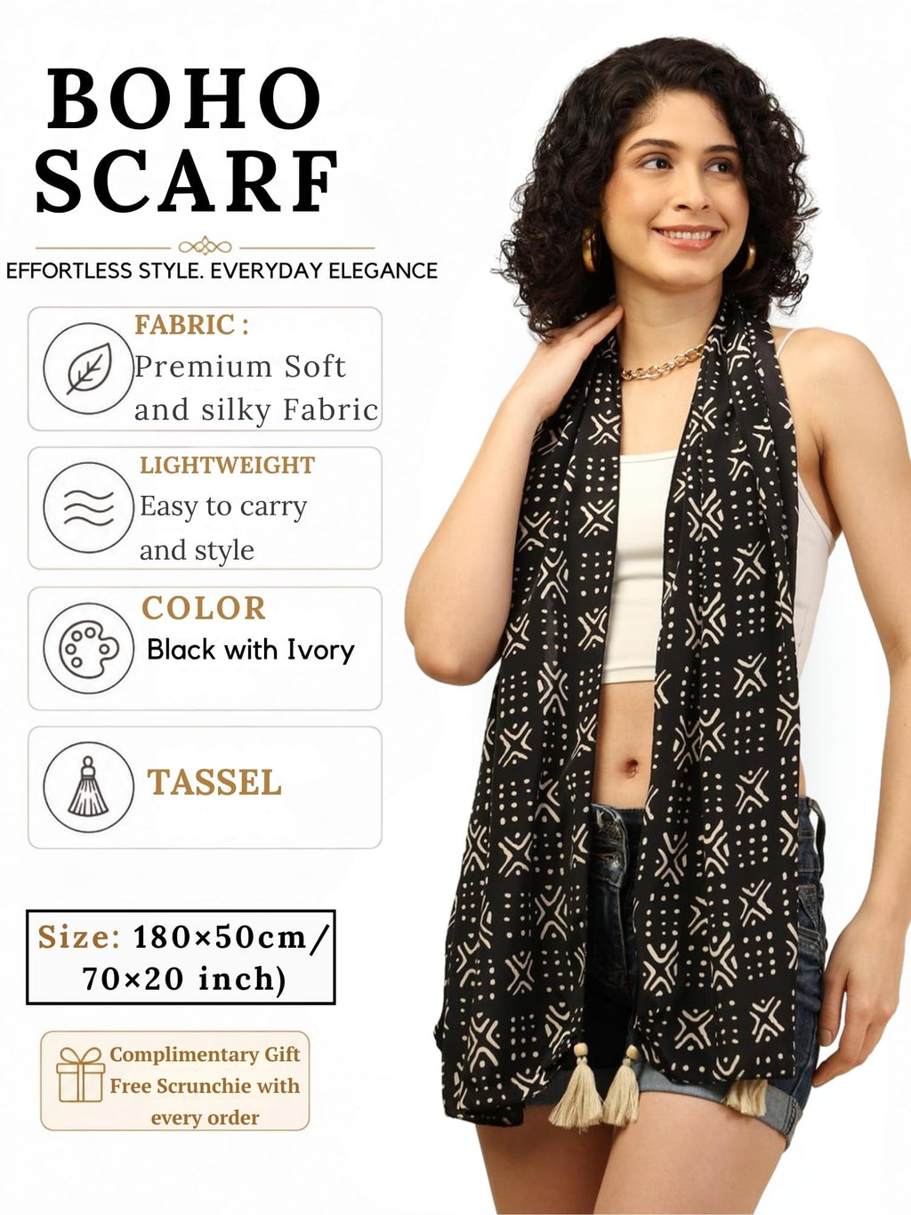 KE KANHA EXPORTS Scarf for Women Boho | Border Print Stylish | Stole for Women Breathable Summer Beach Wrap with Tassels | Multicolour |180 x 50 cm FREE Scrunchie Included