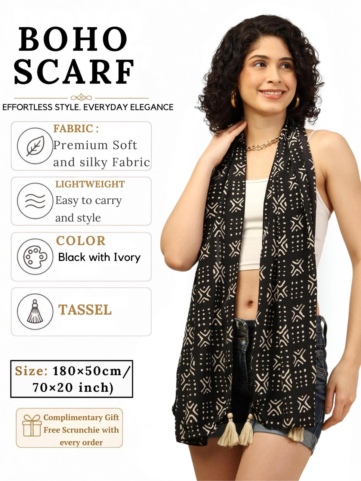 KE KANHA EXPORTS Scarf for Women Boho | Border Print Stylish | Stole for Women Breathable Summer Beach Wrap with Tassels | Multicolour |180 x 50 cm FREE Scrunchie Included