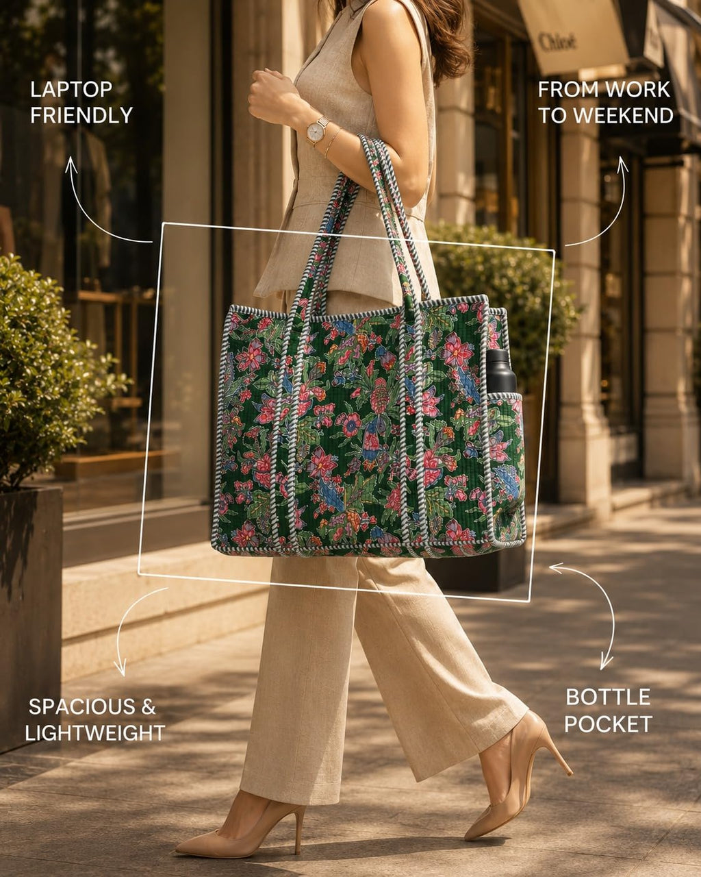 NIKAVIK Quilted Cotton Jaipuri Tote bag (with seperate Bottle Pocket & Zip) – Exotic Animal Print Foldable and Ideal for Travel Shopping Beach Trips or Daily Essentials (Green Multi)