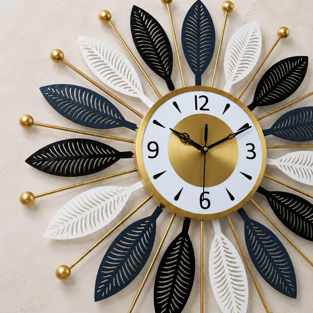 Mahira Artefacts Metal Starburst Wall Clock, Multicolour Leaf Spokes with Gold Accents, Silent, Battery Powered, Art Deco, Large