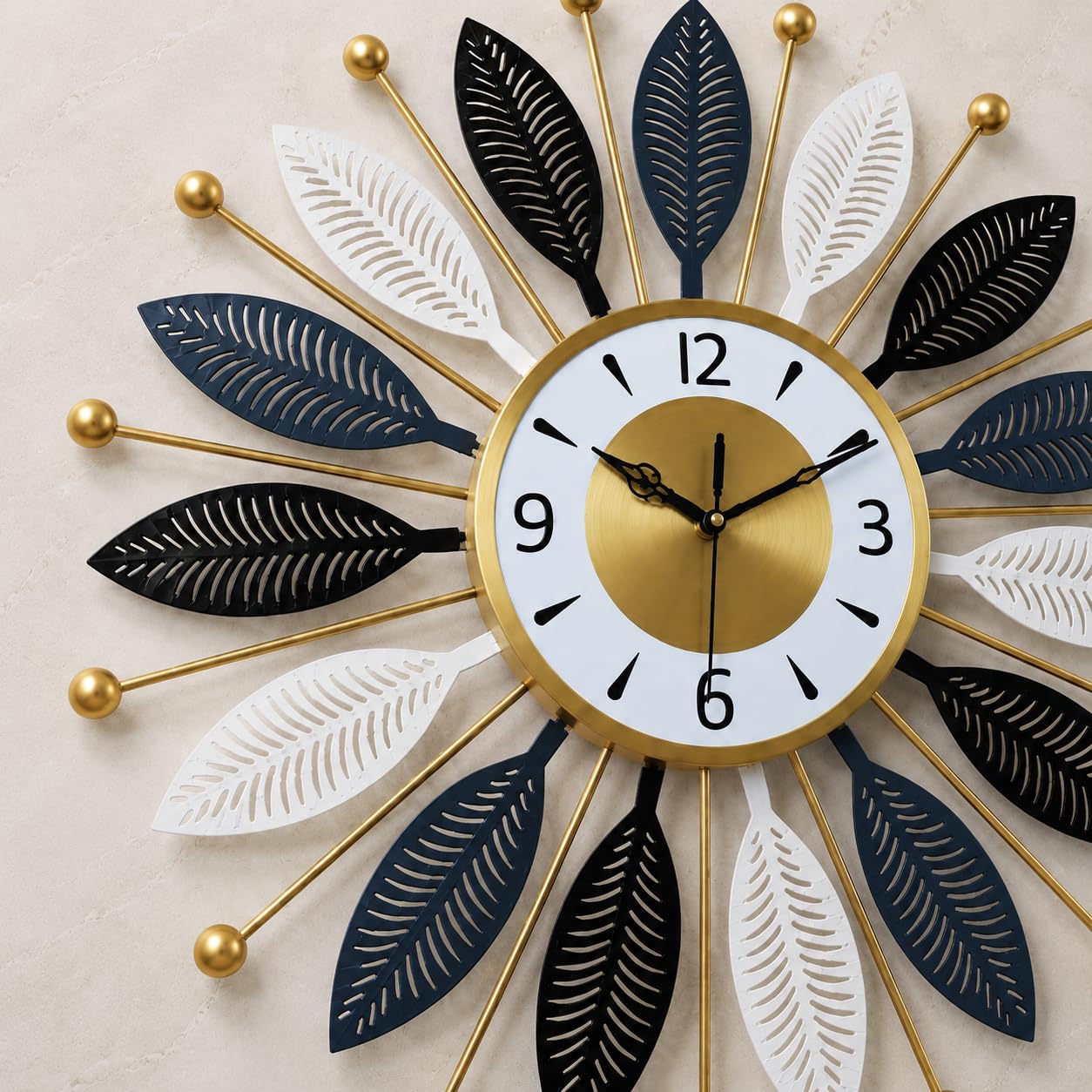 Mahira Artefacts Metal Starburst Wall Clock, Multicolour Leaf Spokes with Gold Accents, Silent, Battery Powered, Art Deco, Large