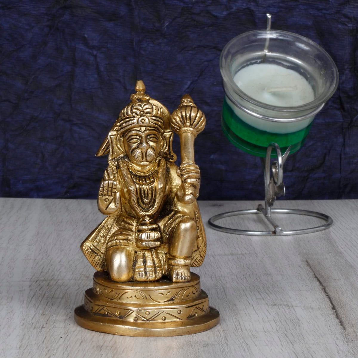 ARTVARKO Brass Hanuman Sitting with Gada on Shoulder Murti for Home Puja Idol Blessing Bajrangbali Statue for Pooja Gift 4.25 Inch