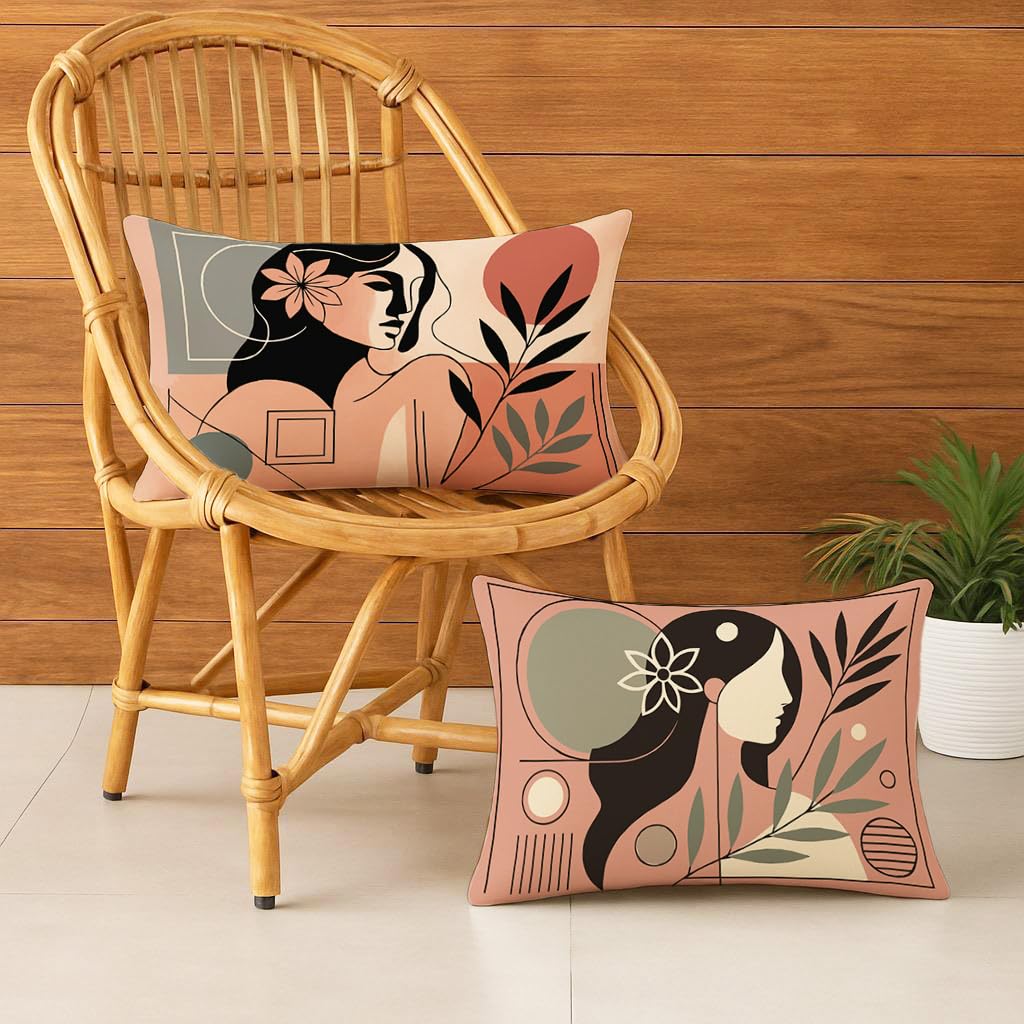 STITCHNEST Satin Cushion Covers Abstract Woman Art Print, 12x18 Inch, Modern Aesthetic Cushion Cover for Living Room (Pack of 2)